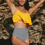 maillot de bain 2 pièces femme culotte haute jaune et noir pas cher
