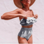 Maillot de bain 2 pièces rayé deauville femme noir volants