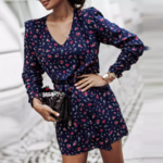 robe bleue imprimée courte à manches longues femme automne 2021