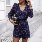 robe bleue imprimée courte à manches longues femme