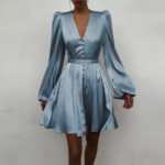 robe satin bleu ciel courte chic femme