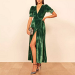 robe longue verte velours chic femme tenue fêtes de fin dannée