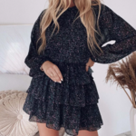 robe noire patineuse imprimée à volants femme