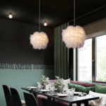 lustre rond à plumes blanches luminaire design salon
