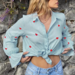 chemisier bleu imprimé coeurs gaze de coton femme