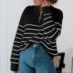 pull marinière zip femme noir rayé blanc