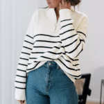 pull marinière zip femme blanc rayé noir