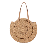 Grand sac rond paille tissé brown à détails brodés