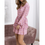 robe courte à manches longues rose à volants imprimée fleurie femme