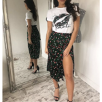 Jupe imprimée longue fendue verte femme