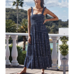 robe longue bleu marine à pois à bretelles volants femme