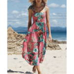 robe longue imprimée rose à bretelles femme