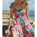robe longue imprimée rose à bretelles mode femme