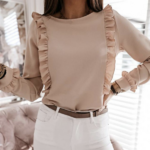 blouse rose clair à volants manches longues femme nouvelle collection vêtements automne hiver 2022