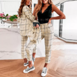 ensemble blazer pantalon chic femme blanc écru à carreaux working girl