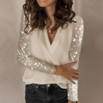 pull beige manches à strass dorées paillettes femme
