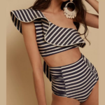Bikini taille haute à volants marinière