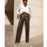 pantalon en cuir marron évasé taille haute