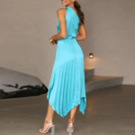 robe de soirée longue drapée bleue