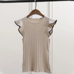 top beige tricoté à volants femme