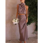 robe longue satin taupe ventre nu