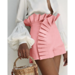 short rose taille haute à volants femme