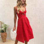 robe à bretelles mi longue rouge femme