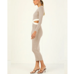 robe longue moulante ajourée à manches longues beige femme