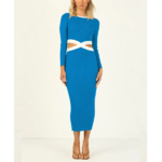 robe longue moulante ajourée à manches longues bleu roi femme