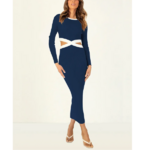 robe longue moulante ajourée à manches longues bleue femme