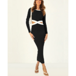 robe longue moulante ajourée à manches longues noire femme