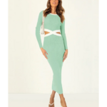 robe longue moulante ajourée à manches longues vert sauge femme