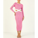 robe longue moulante ajourée à manches longues rose femme