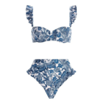 maillot de bain imprimé vintage à volants 2 pièces bleu