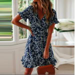 robe courte imprimée fleurie femme bleu
