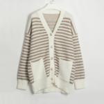 cardigan long marinière bouton doré femme blanc beige