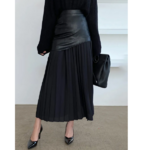 jupe longue plissée en cuir noir chic femme