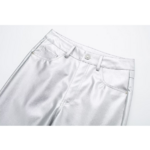 Pantalon en PU argenté brillant pour femme taille haute