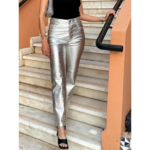 Pantalon en PU argenté brillant pour femme coupe droite