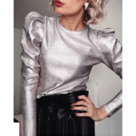 blouse à manches longues bouffantes argentée pour femme