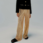 pantalon à paillettes évasé doré femme