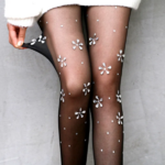 collants noirs fleur argent femme