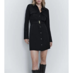 petite robe noire manches longues ceinture taille haute coupe droite femme
