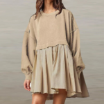 Mini robe plissée patchwork à manches longues beige pour femme
