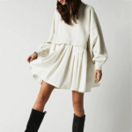 Mini robe plissée patchwork à manches longues blanche pour femme