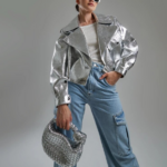 perfecto en cuir argenté femme brillant