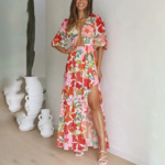 robe longue fendue imprimée florale