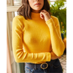 pull jaune col montant basique femme