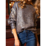 pull à col rond métallique argenté femme tendance