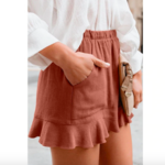 Short femme coton élastique à volants vieux rose 3
